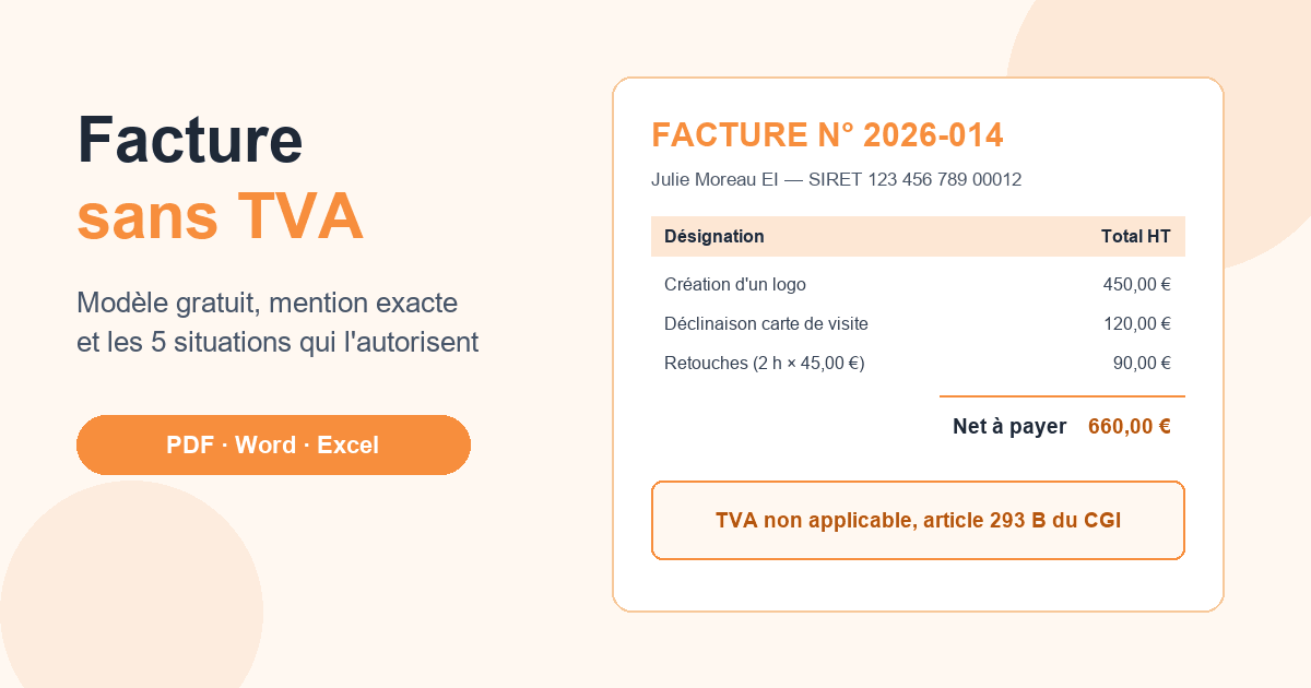 Facture sans TVA : modèle gratuit et mention exacte (art. 293 B)