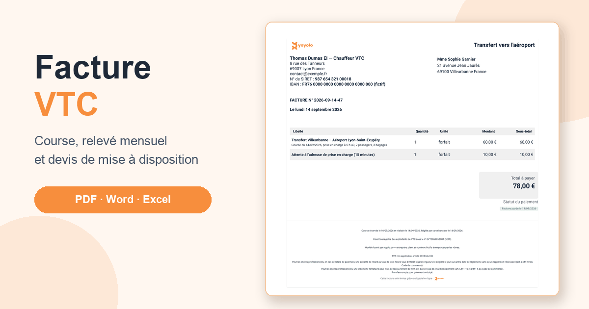 Modèle de facture VTC fait avec Yoyolo : transfert Villeurbanne – aéroport Lyon-Saint-Exupéry et 15 minutes d'attente, total 78 €