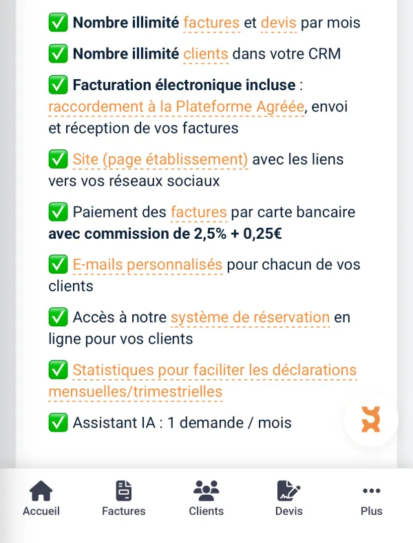 Capture de l'application Yoyolo sur iPhone : contenu de la formule Premium et barre d'onglets Accueil, Factures, Clients, Devis, Plus