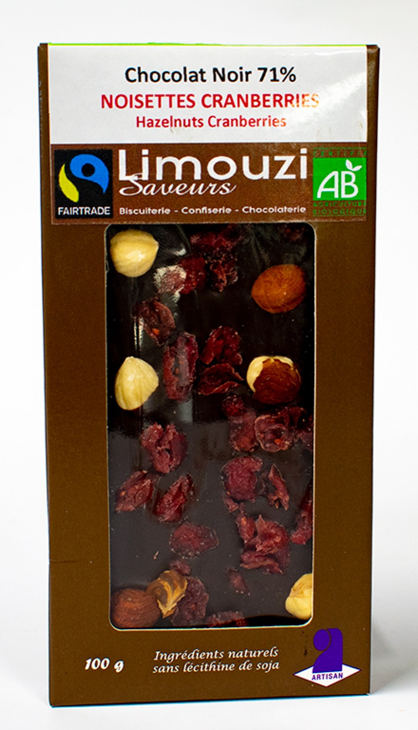 Tablettes de Chocolat lait BIO 38% noisette cranberries 100g